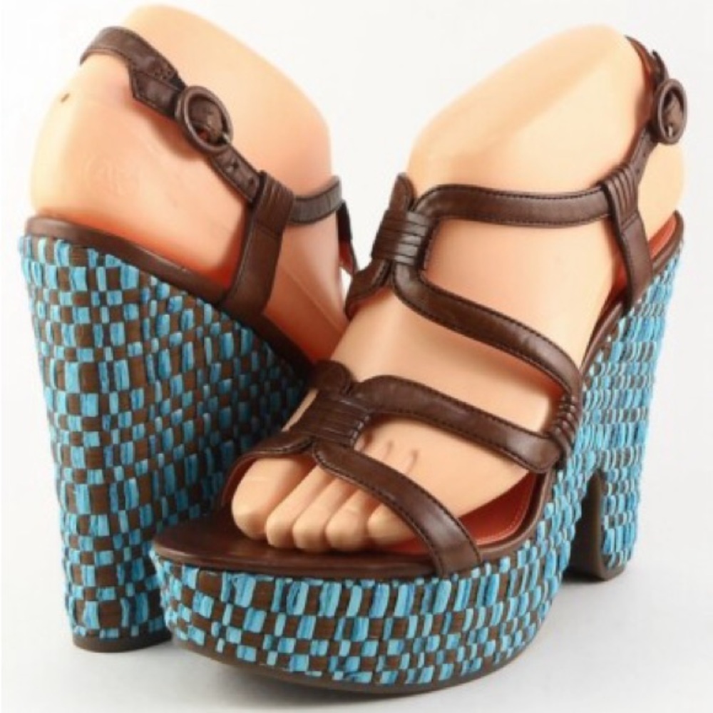 Via Spiga Brown and Blue Platform Shoes with Textured Heel